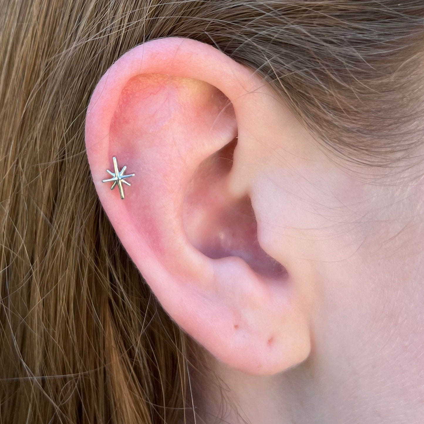 Close-up of an ear with a star-shaped flatback earring against a blurred green background.
